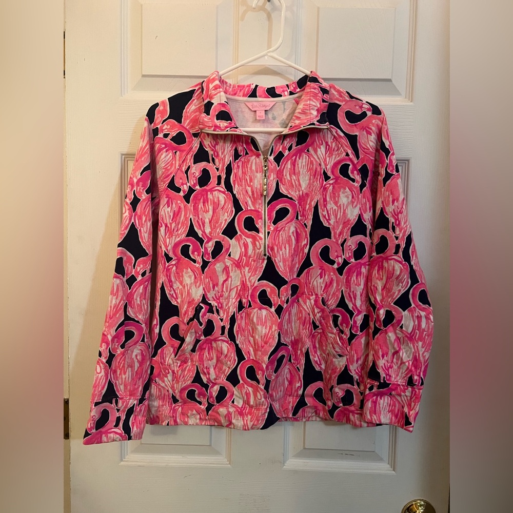 Lilly Pulitzer UPF 50+ Skipper Printed Popover Women's S Pink Flamingo 1/2 Zip